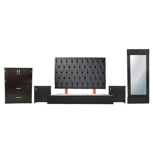 Recámara Matrimonial Capitonada Chocolate con Gris Oxford5 Piezas