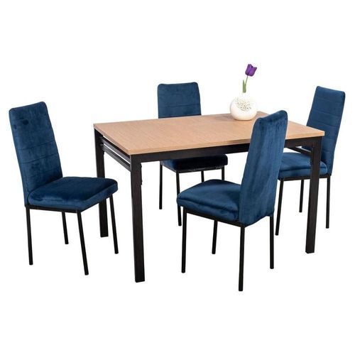 Comedor Troya 4 Azul Sillas Tubulares y Cubierta de Tablero Veteado