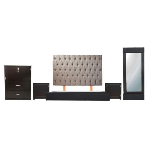 Recámara capitonada king size beige chocolate 5 piezas