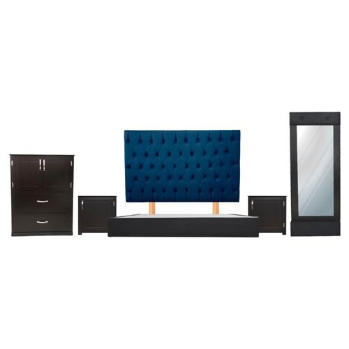 Recámara capitonada king size azul marino chocolate 5 piezas