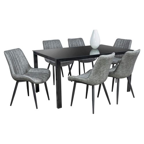 Comedor Java Gris 6 Sillas Rectangular Tubular y Cristal Negro