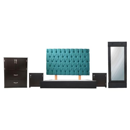 Recámara queen capitonada turquesa chocolate 5 piezas