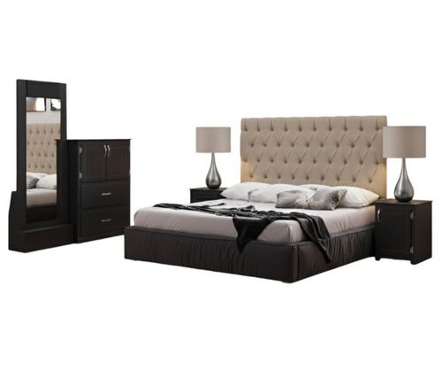 Recámara matrimonial capitonada beige chocolate 5 piezas