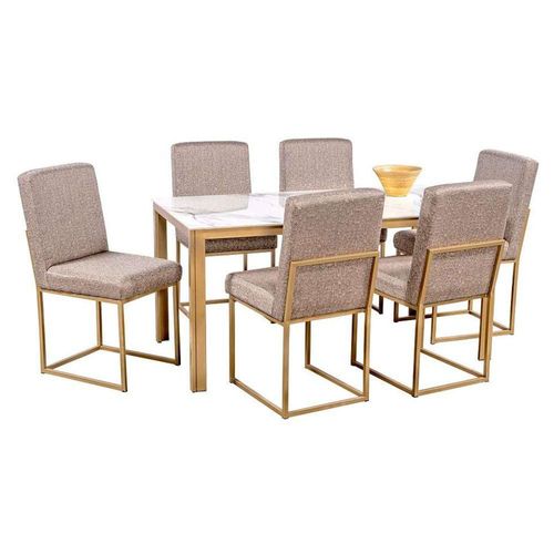 Comedor Soria Golden 6 Sillas Tubular Cubierta Porcelanato Mármol