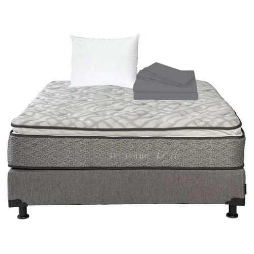 Colchón Queen Size Vail +Box Rivo Gris + 1 Almohada Oso + Sábanas RGH