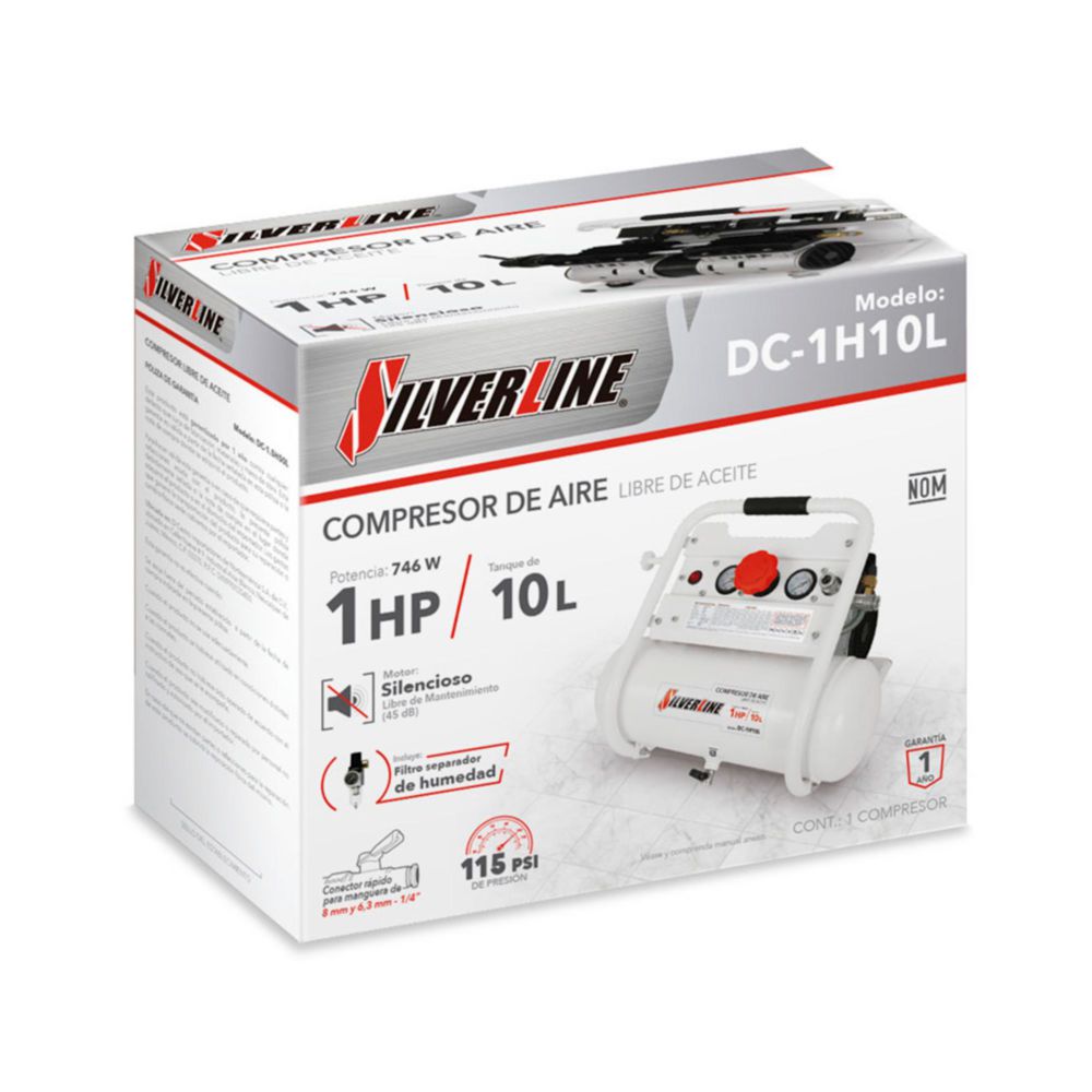 COMPRESOR DE AIRE SILVERLINE LIBRE DE ACEITE 1 HP TANQUE 10 LT