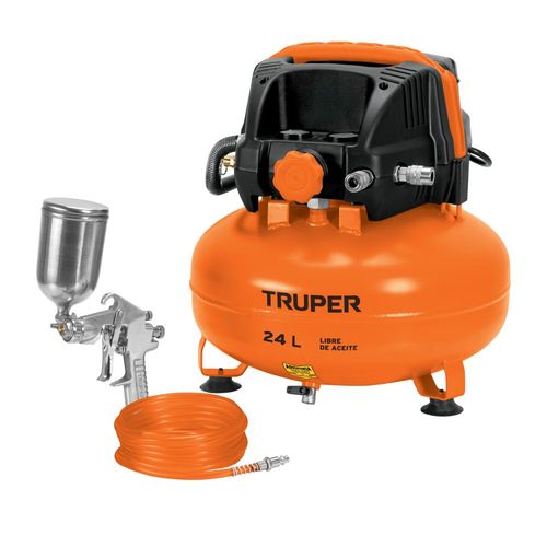Kit comp libre de aceite TRUPER 24L con manguera COMPKIT24S naranja