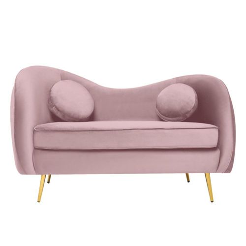 Sofá de 2 plazas Tapizado en Terciopelo Rosa. Estructura de Madera Sólida y Patas de Metal