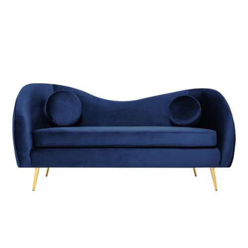 Sofá de 3 plazas Tapizado en Terciopelo Azul. Estructura de Madera Sólida y Patas de Metal