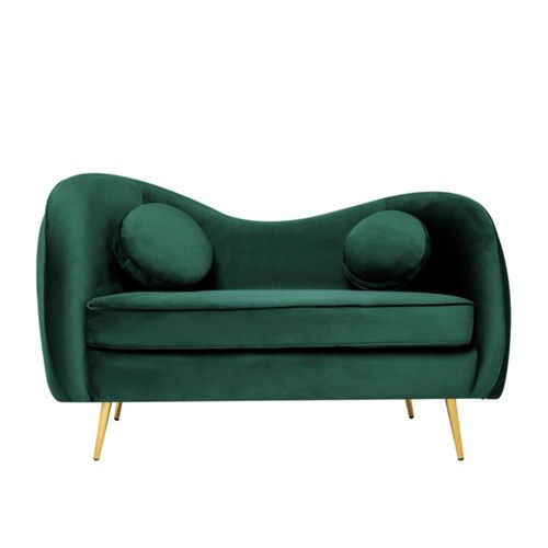 Sofá de 2 plazas Tapizado en Terciopelo Verde. Estructura de Madera Sólida y Patas de Metal