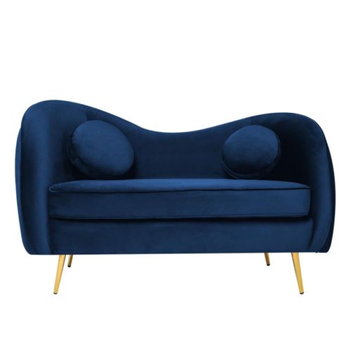 Sofá de 2 plazas Tapizado en Terciopelo Azul. Estructura de Madera Sólida y Patas de Metal