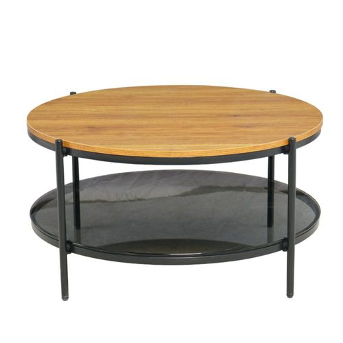 Mesa de Centro Redonda de Madera MDF con Repisa de Cristal Ahumado y Base Metálica Negra