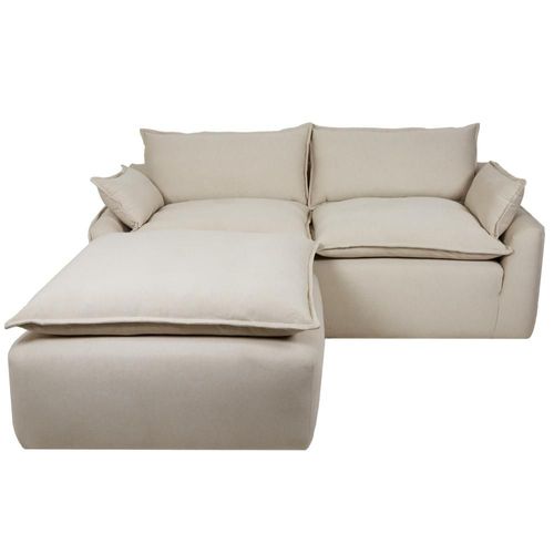 Sofá de 3 Plazas con Taburete. Sofá Escuadra Tapizado en Color Beige. Estructura de Madera Sólida