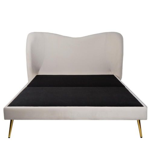 Cama Matrimonial con Cabecera Beige en Terciopelo. Rellena de Hule Espuma. Estructura de Madera Maciza