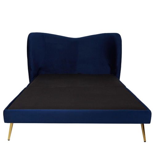 Cama Matrimonial con Cabecera Azul en Terciopelo. Rellena de Hule Espuma. Estructura de Madera Maciza