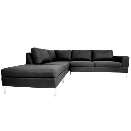 Sofá Escuadra Izquierda con Tapizado Color Negro. Estructura de Madera Sólida y Patas de Acero