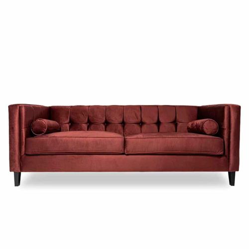 Sofá de 3 Plazas Tapizado en Terciopelo Color Vino. Estructura de Madera Sólida