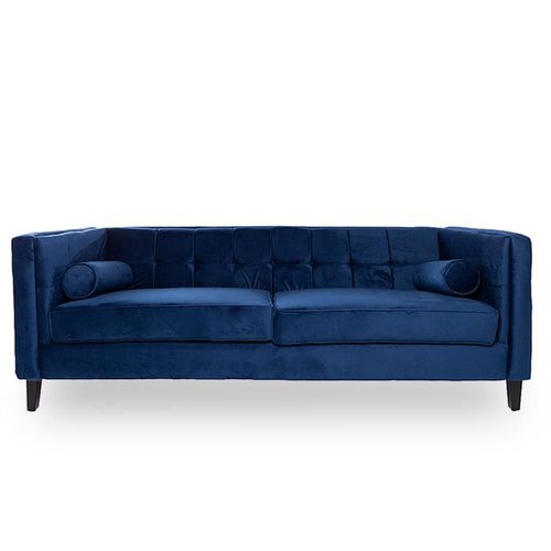 Sofá de 3 Plazas Tapizado en Terciopelo Color Azul. Estructura de Madera Sólida
