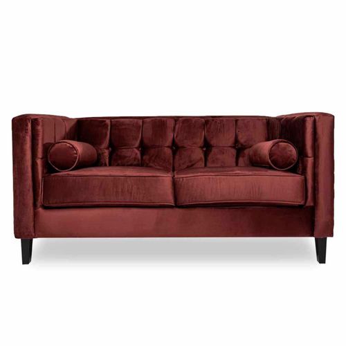 Sofá de 2 Plazas Tapizado en Terciopelo Color Vino. Estructura de Madera Sólida