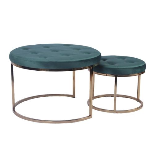 Set de Taburetes Redondos Tapizados en Terciopelo Verde con Base de Hierro y Patas de Metal Galvanizado