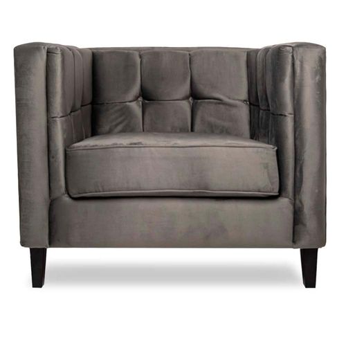Sillón Individual Tapizado en Terciopelo Color Gris Oscuro. Estructura de Madera Sólida