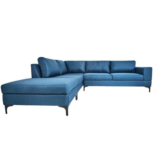 Sofá Escuadra Izquierda con Tapizado Color Azul. Estructura de Madera Sólida y Patas de Acero