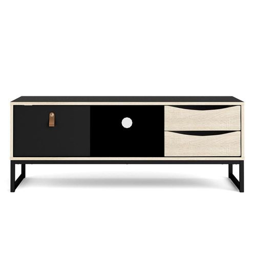 Mueble para TV Color Negro y Roble con 2 Cajones, 1 Puerta y Patas de Metal