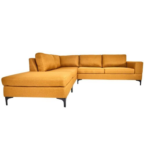Sofá Escuadra Izquierda con Tapizado Color Mostaza. Estructura de Madera Sólida y Patas de Acero