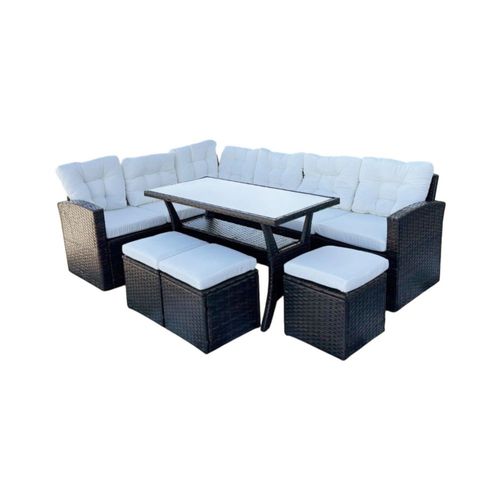 Ilios Innova | Juego de Sala para jardín esquinera 6 Piezas Mesa de Centro de Cristal Templado Sofás de Mimbre sintético acojinados