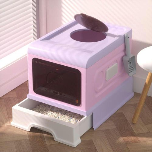 Arenero para gatos cerrado con cajón morado