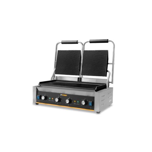 Plancha para paninis Rhino, doble parrilla, 3,600W, reguladores independientes, recolector de grasa de acero inoxidable, PLANPA-3600