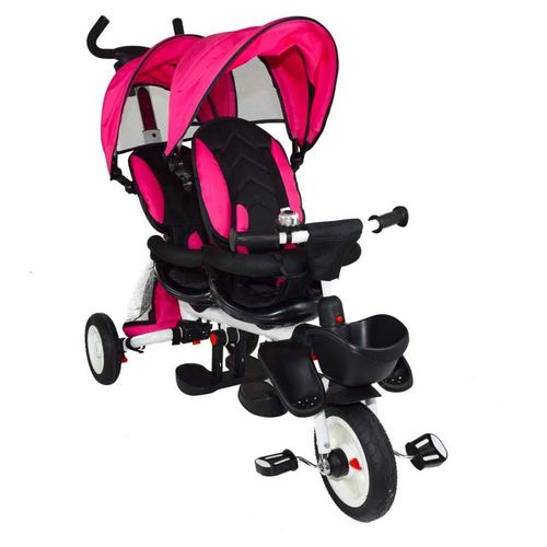 Triciclo Doble para Niños Asientos Giratorios Bastón Rosa