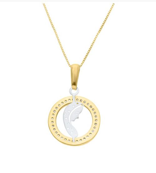 Dije de Oro Amarillo y Blanco de 14K con Zirconias y Cadena, Imagen Virgen