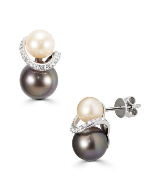 Aretes Oro Blanco 14K con 11 Pts Diamante y Perla ASP-788-A