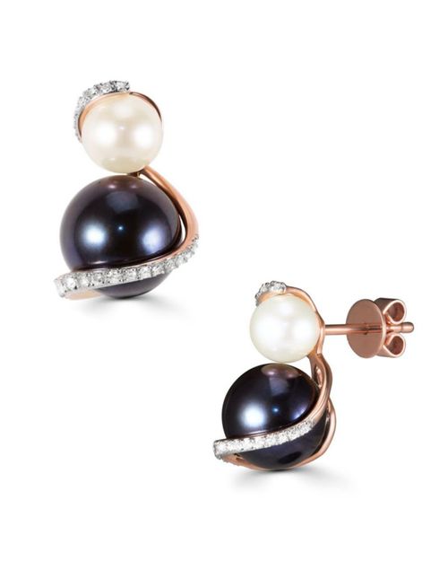 Aretes Oro Rosa 14K con 13 Pts Diamante y Perla ASP-787-A