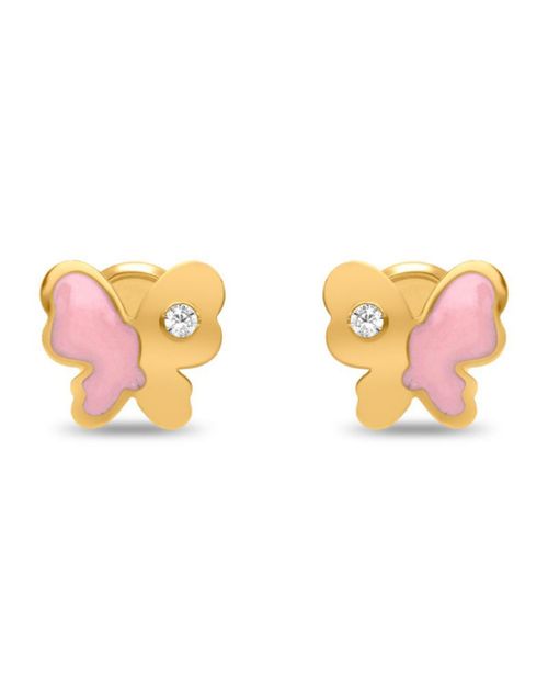Broqueles Mariposa Oro 14K Esmalte Rosa Zirconias PRB-87-A