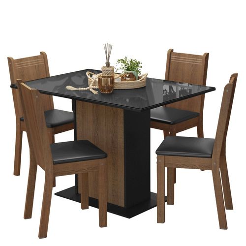 Juego de Comedor Mesa con Encimera de Vidrio 4 Sillas Negro/Marrón Camelia Madesa