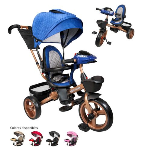 Triciclo Infantil Tipo Carriola con Bastón Ajustable Luz y Sonido - Azul