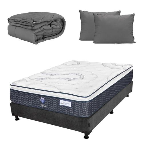 Colchón Matrimonial Dover Gris Carbón+ Box+ Almohada+ Edredón CDZ