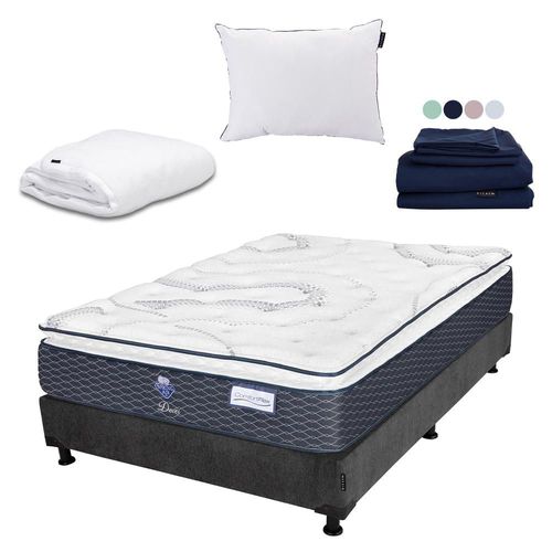 Colchón Matrimonial Dover Gris Carbón+ Box+ Almohada+ Protector+ Sabanas CDZ