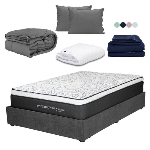 Colchón Queen Size Trini+ Base Cama Gris Carbón+ Almohada+ Protector+ Sabanas+ Edredón CDZ