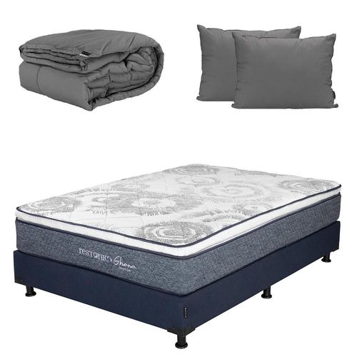 Colchón Matrimonial Ghana Azul+ Box+ Almohada 2Pack+ Edredón Homy CDZ