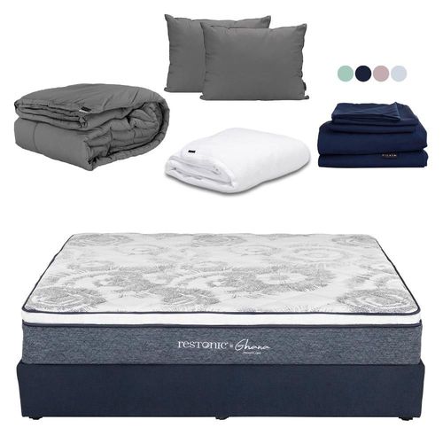Colchón King Size Ghana Azul+ Base Cama+ Almohada+ Protector+ Sabanas+ Edredón CDZ