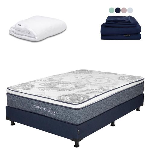 Colchón Matrimonial Ghana Azul+ Box+ Protector Cloud+ Sabanas Softy CDZ