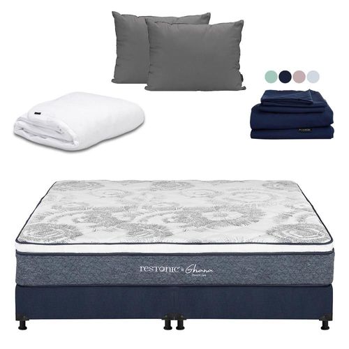 Colchón King Size Ghana Azul+ Box+ Almohada 2Pack+ Protector Cloud+ Sabanas Softy CDZ
