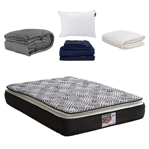 Colchón Queen Size Spring Air Omega + Almohada One + Protector Ultra + Sábanas Softy + Edredón Homy CZD