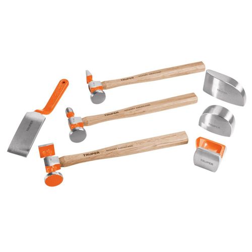 AM3K ofrece juego profesional JM‑HO: 7 piezas (martillos y entibadores para hojalatero), forjados en acero al carbono, con estuche compacto.