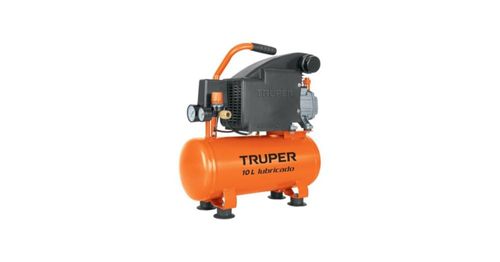 AM3K ofrece compresor lubricado Truper COMP‑10L2 10 L, 2 HP, 127 V, con arranque automático/manual y presostato doble para mayor control.