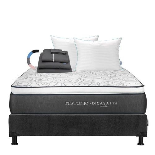 Colchón Queen Size Restonic Trini Gris Carbón+ Box+ Almohada Royal Twin+ Sabanas Royal RGH