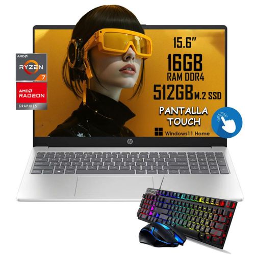 Laptop Hp 15-fc0047wm Amd Ryzen 7-7730u Touch 512gb 16gb Ram Plateado Windows 11 con Teclado y Mouse.